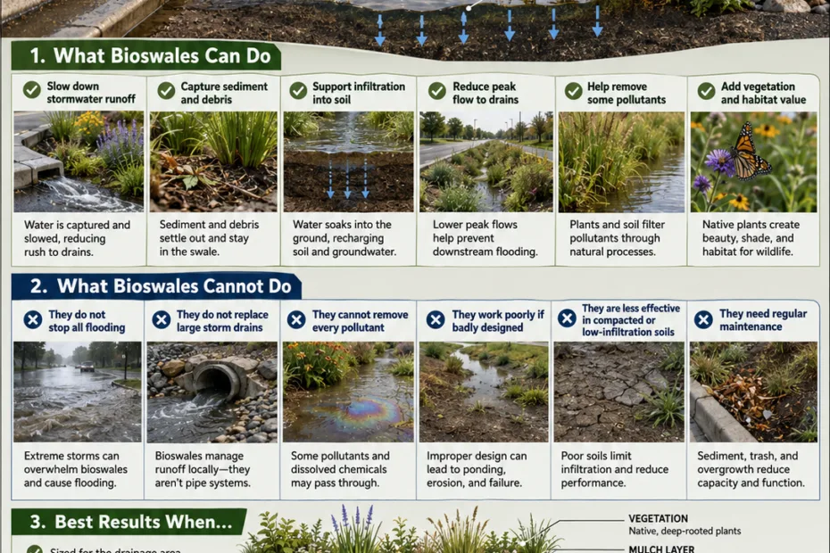 Bioswale for effective stormwater management, showcasing natural filtration that helps reduce runoff and improve water quality in urban areas.