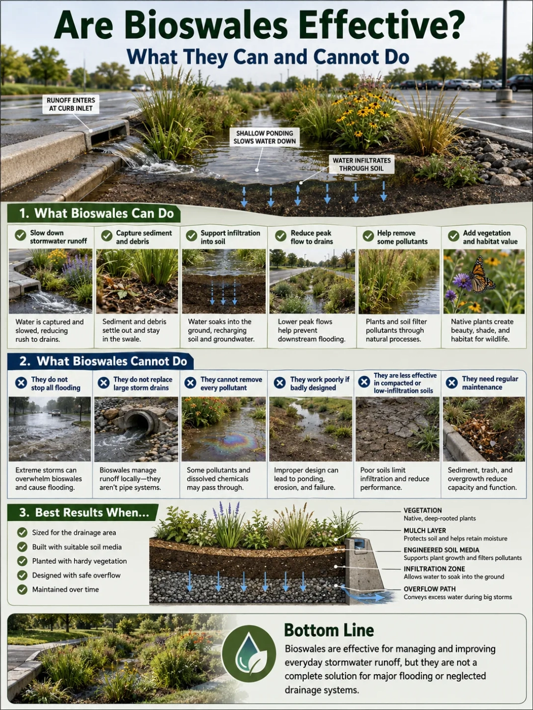 Bioswale for effective stormwater management, showcasing natural filtration that helps reduce runoff and improve water quality in urban areas.