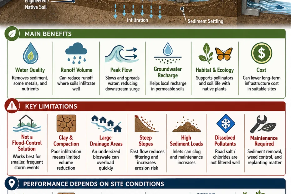 A bioswale effectively manages stormwater runoff and improves urban water quality, showcasing its key benefits and limitations in sustainable landscape design.