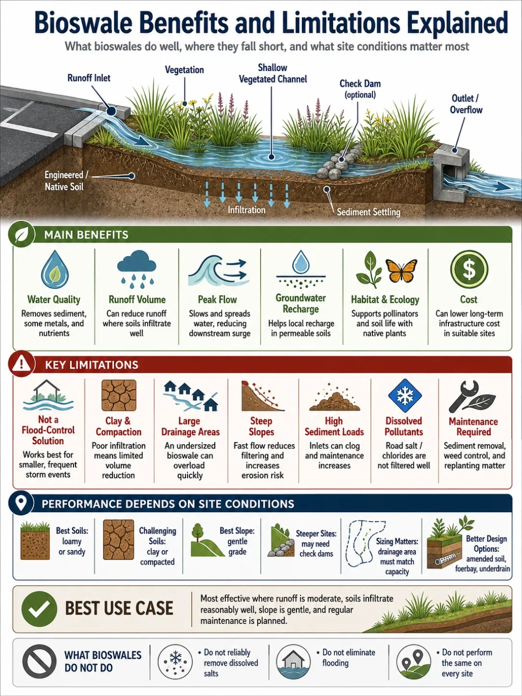 A bioswale effectively manages stormwater runoff and improves urban water quality, showcasing its key benefits and limitations in sustainable landscape design.