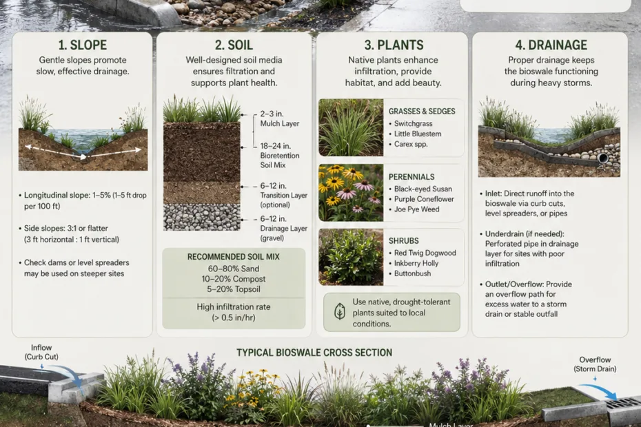 A bioswale design guide showcasing slope, soil, plants, and drainage techniques for effective stormwater management.