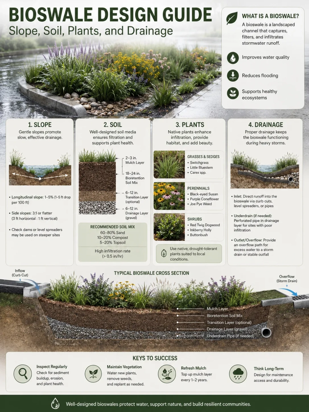 A bioswale design guide showcasing slope, soil, plants, and drainage techniques for effective stormwater management.
