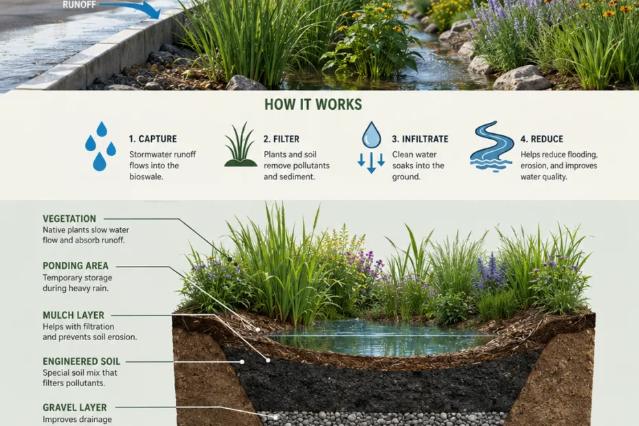 Bioswale diagram explained shows how designed landscaping manages stormwater runoff naturally.