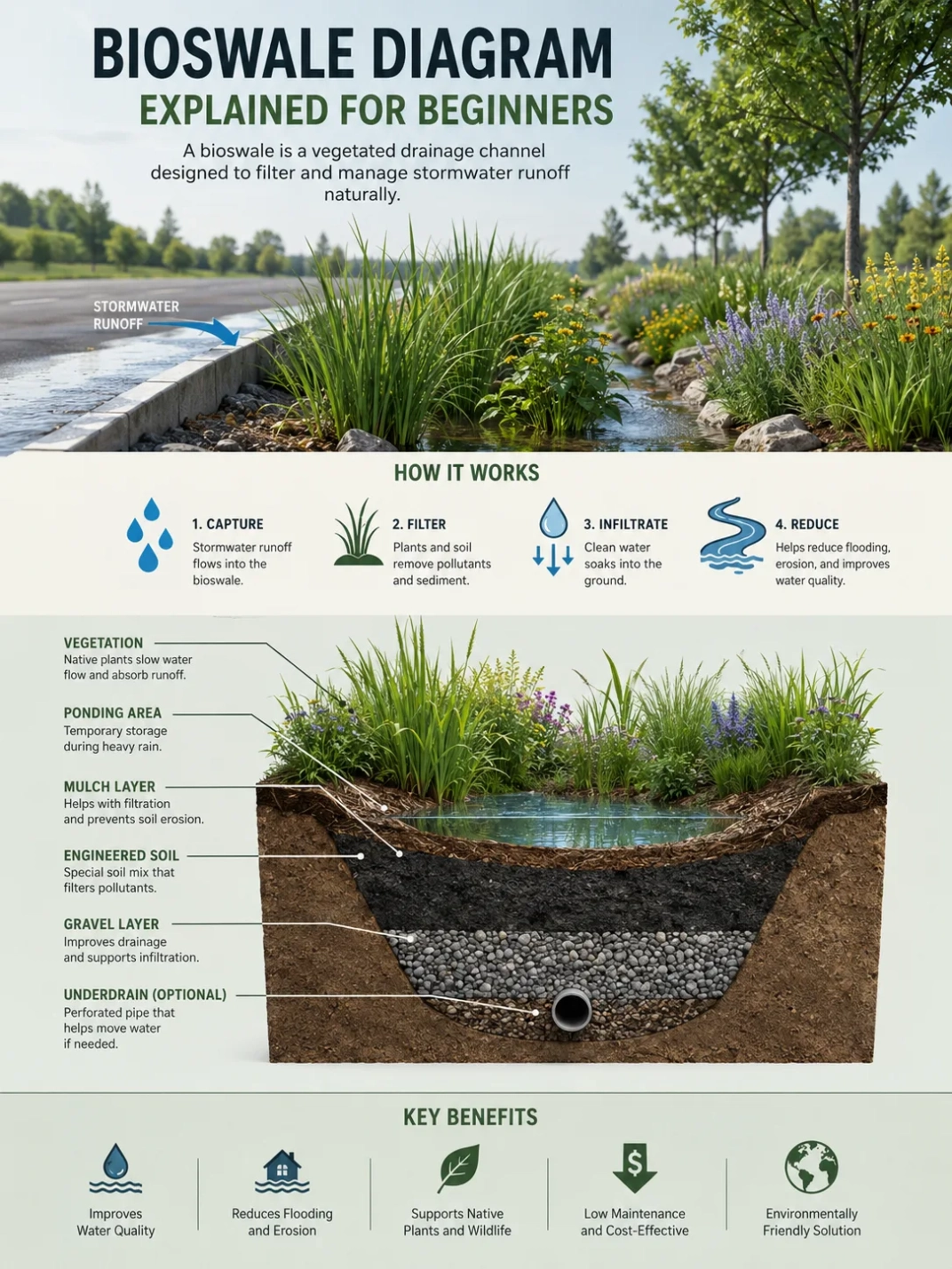 Bioswale diagram explained shows how designed landscaping manages stormwater runoff naturally.