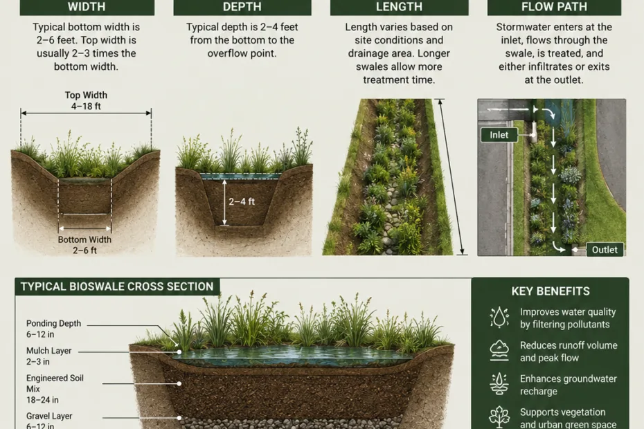 Bioswale dimensions including width, depth, length, and flow path help optimize stormwater management and eco-friendly landscape design.