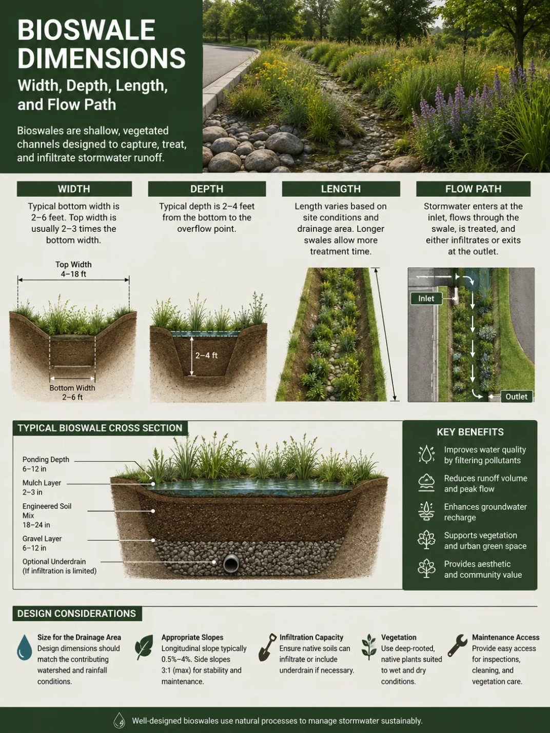 Bioswale dimensions including width, depth, length, and flow path help optimize stormwater management and eco-friendly landscape design.