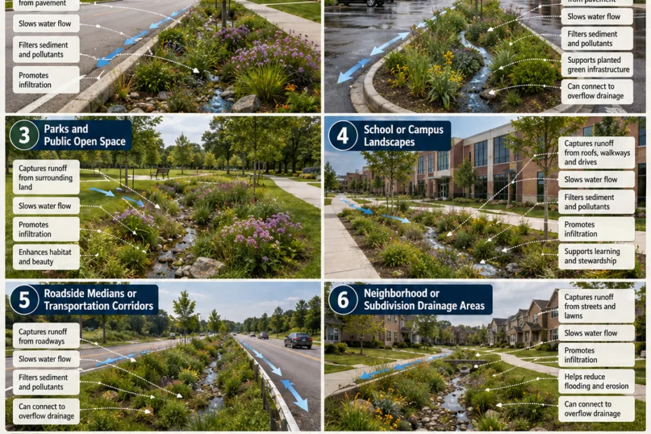 Bioswale examples show common landscape uses to manage stormwater and improve environment with natural water filtration.
