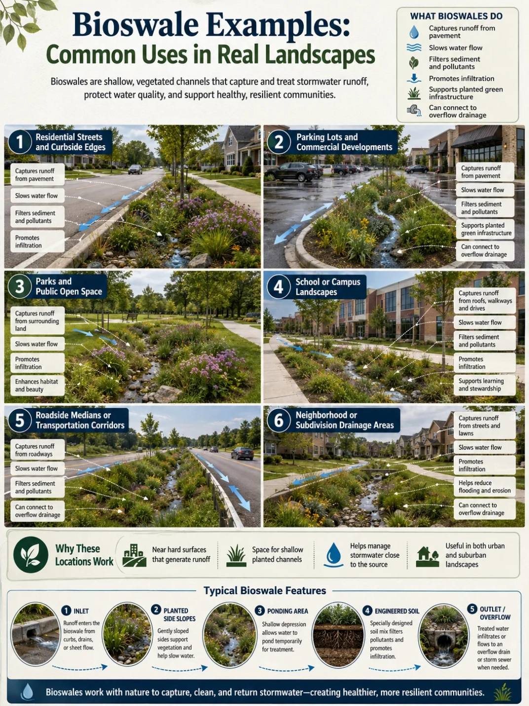 Bioswale examples show common landscape uses to manage stormwater and improve environment with natural water filtration.