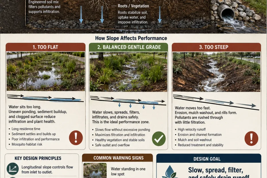 Bioswale slope shows how proper grading enhances stormwater flow management and prevents erosion in sustainable landscape design.