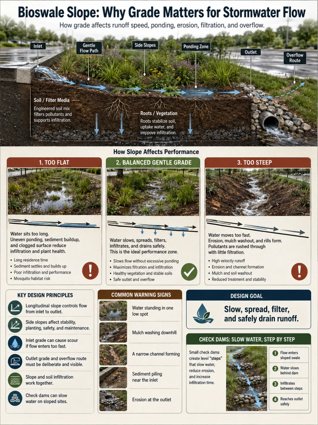 Bioswale slope shows how proper grading enhances stormwater flow management and prevents erosion in sustainable landscape design.