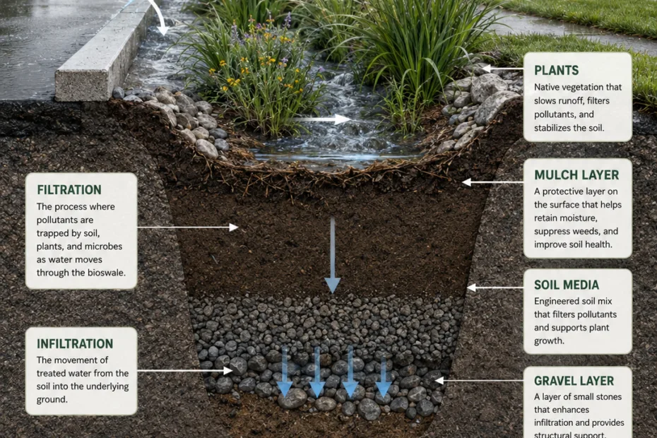 Bioswale terminology explained, showing how bioswales help manage stormwater runoff and improve water quality through natural filtration and vegetation.