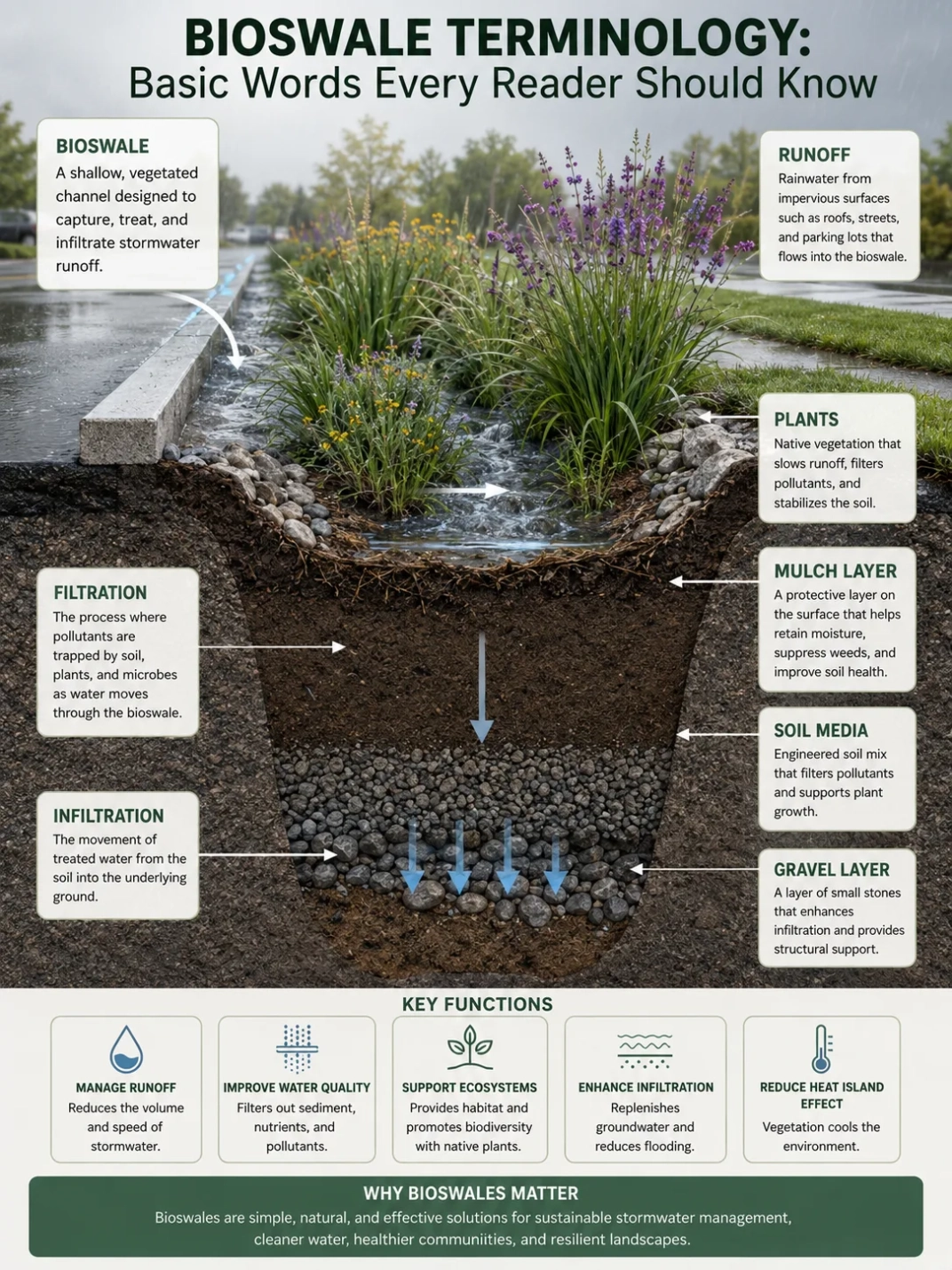Bioswale terminology explained, showing how bioswales help manage stormwater runoff and improve water quality through natural filtration and vegetation.