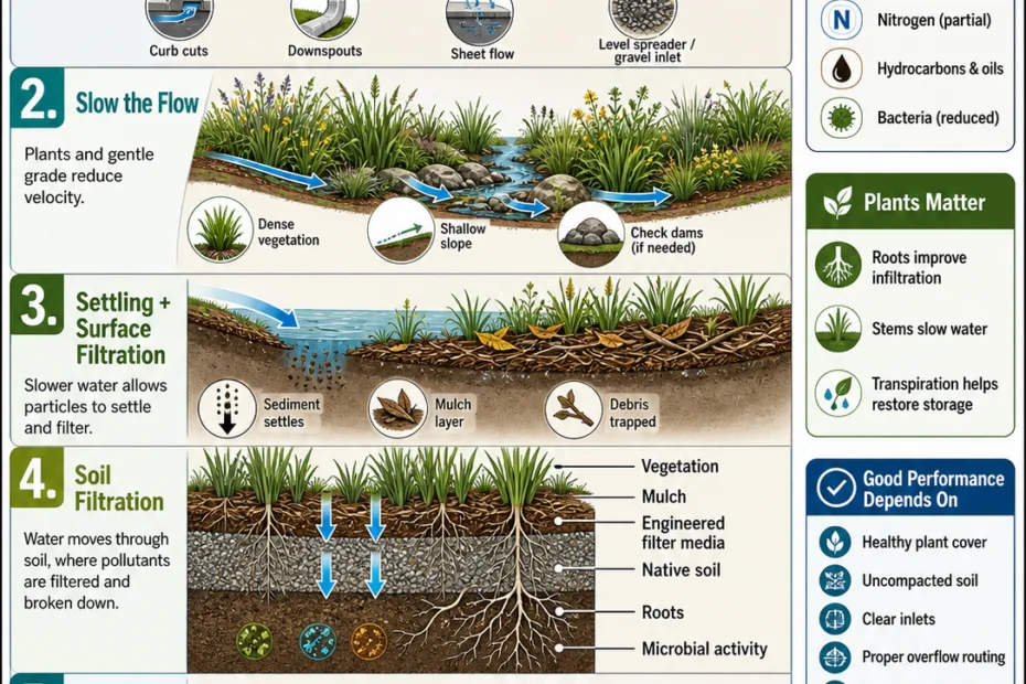 How does a bioswale work to filter stormwater using flow design, soil, plants, and natural filtration methods for sustainable drainage.