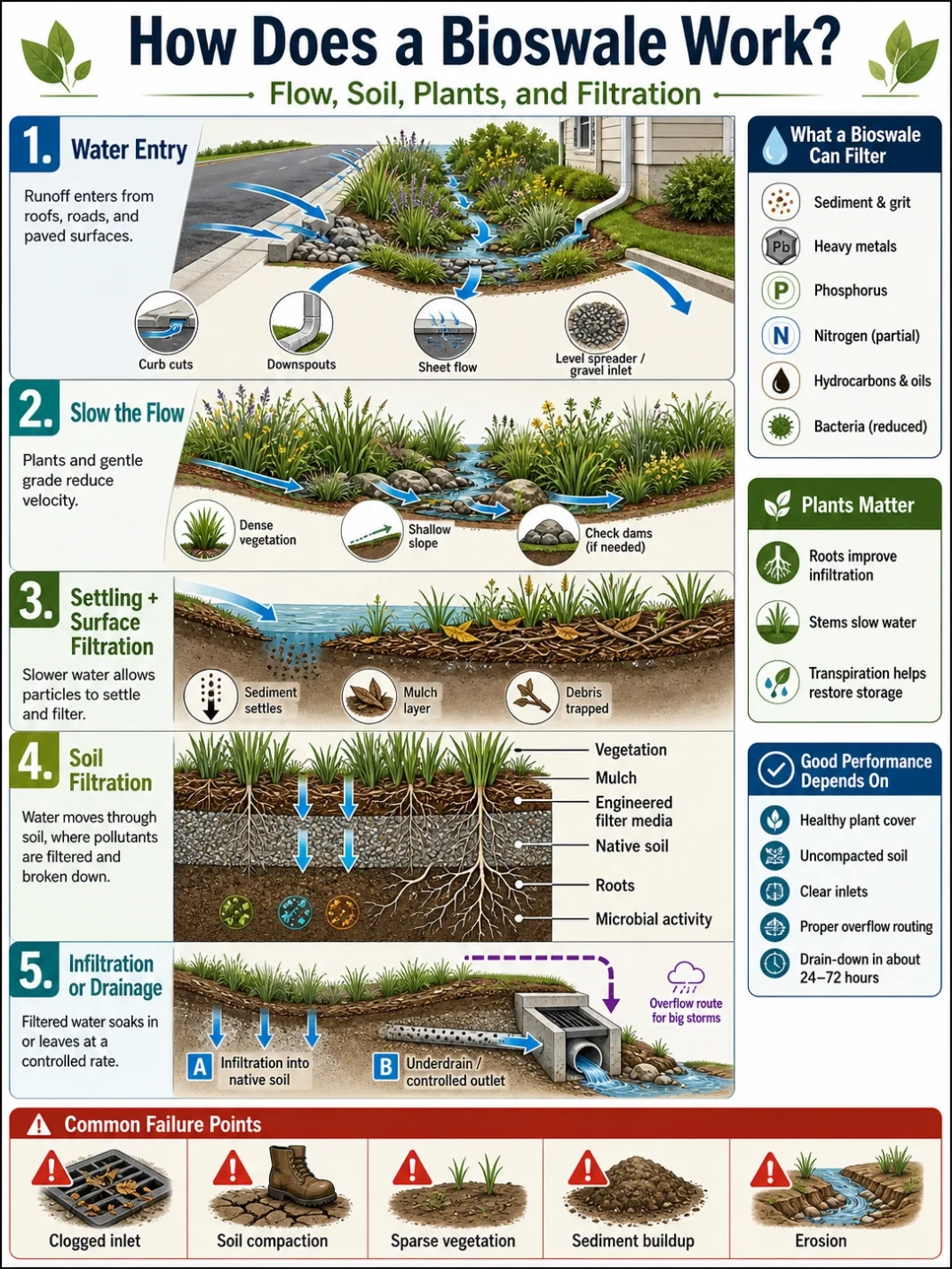 How does a bioswale work to filter stormwater using flow design, soil, plants, and natural filtration methods for sustainable drainage.