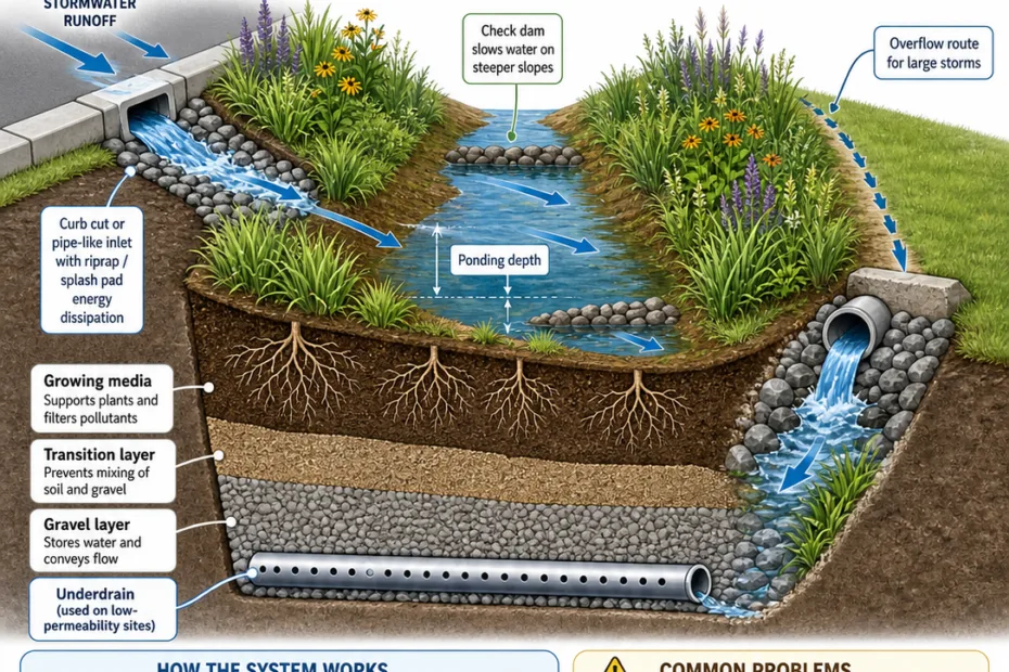 A detailed diagram showing the main parts of a bioscale, including the inlet, channel, soil, plants, and outlet, designed to manage stormwater effectively.