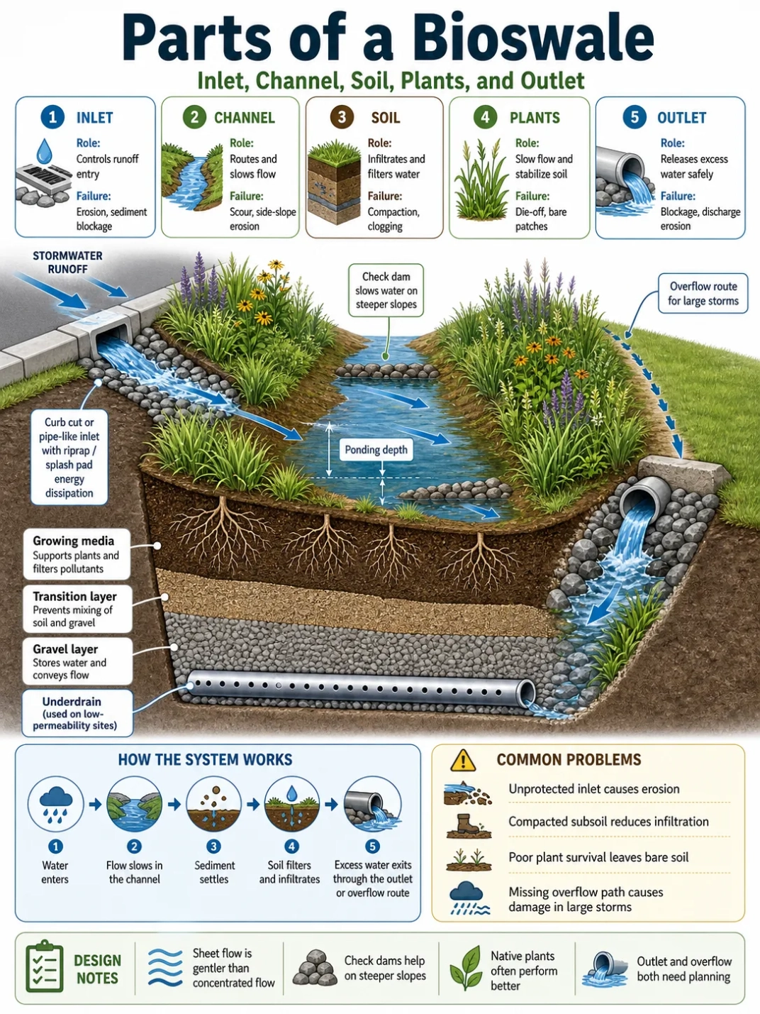 A detailed diagram showing the main parts of a bioscale, including the inlet, channel, soil, plants, and outlet, designed to manage stormwater effectively.