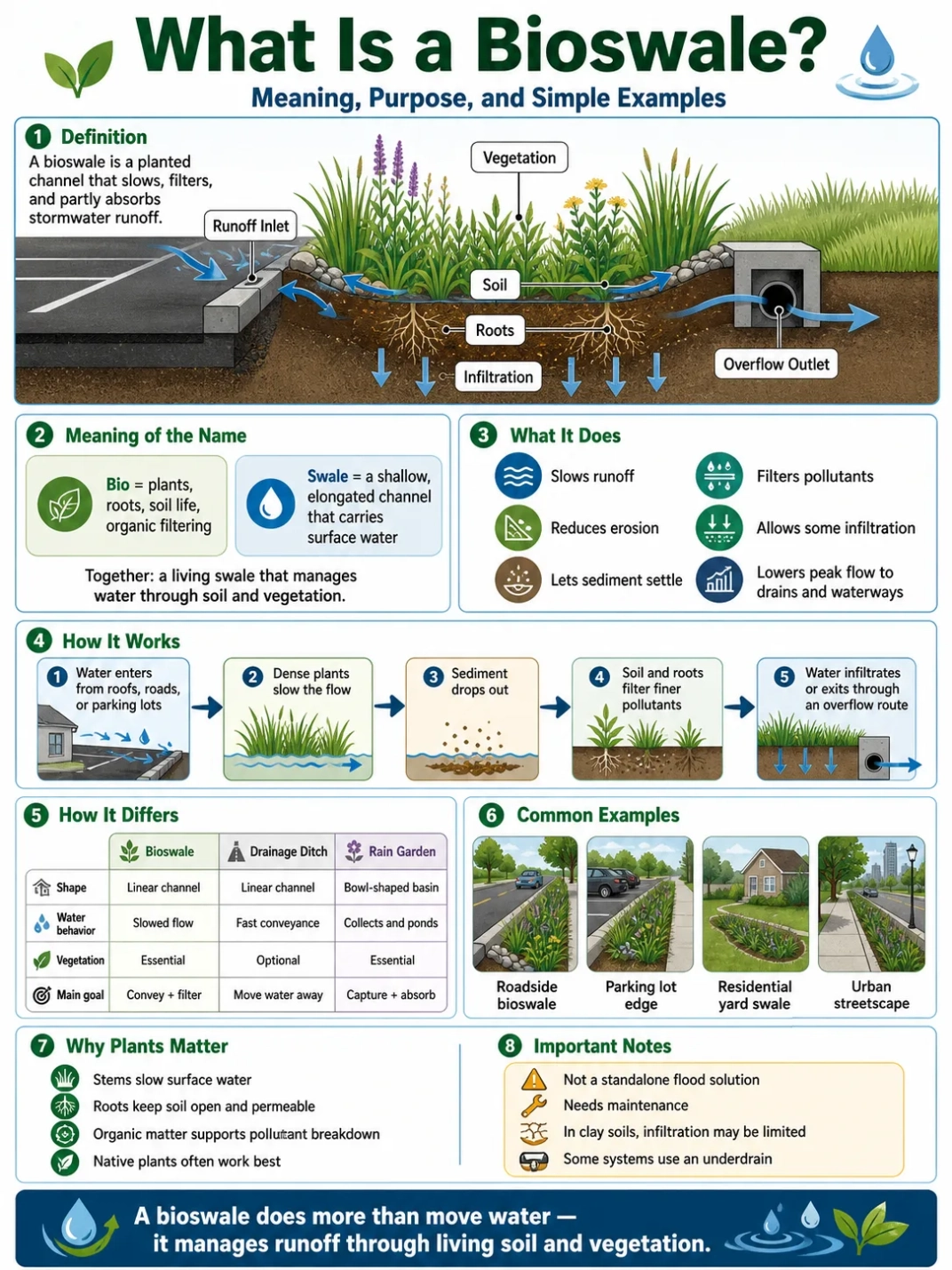Bioswale meanders through a landscape, filtering and absorbing rainwater to reduce runoff and improve urban drainage, demonstrating eco-friendly stormwater management.
