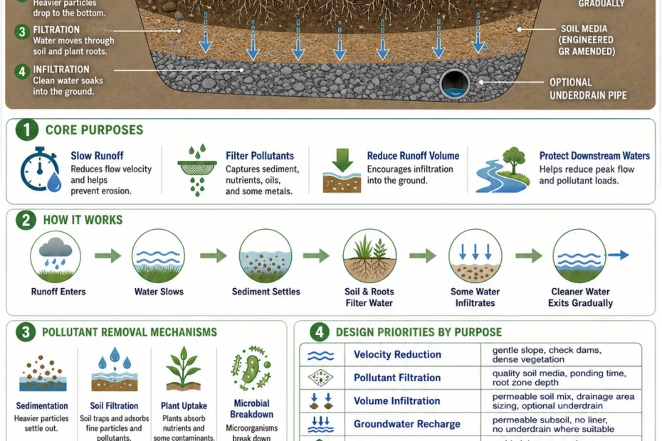 Purpose of a bioswale is to filter stormwater runoff naturally, reduce flooding, and promote sustainable water management in urban landscapes.