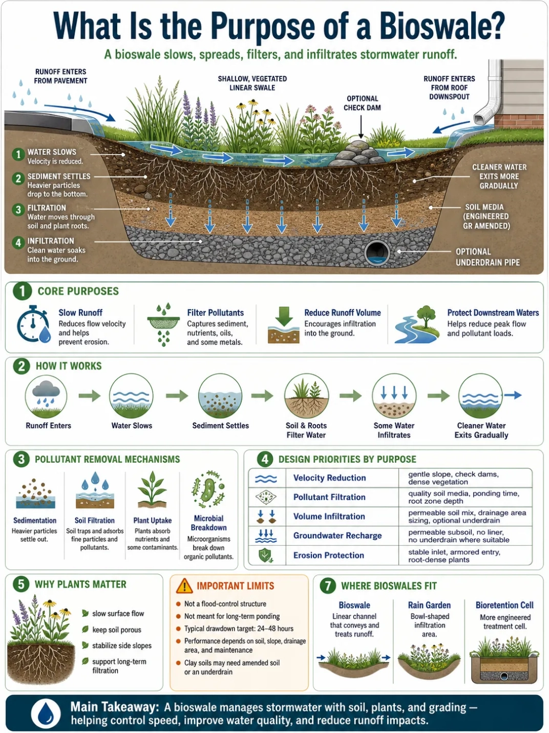 Purpose of a bioswale is to filter stormwater runoff naturally, reduce flooding, and promote sustainable water management in urban landscapes.