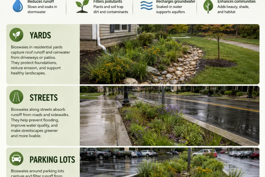 Bioswales are used in yards, streets, parking lots, and parks to manage stormwater runoff naturally and enhance landscape beauty.