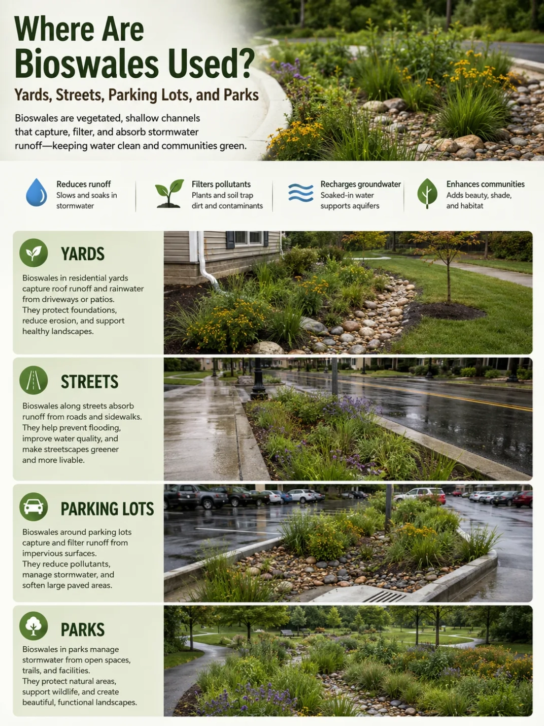 Bioswales are used in yards, streets, parking lots, and parks to manage stormwater runoff naturally and enhance landscape beauty.