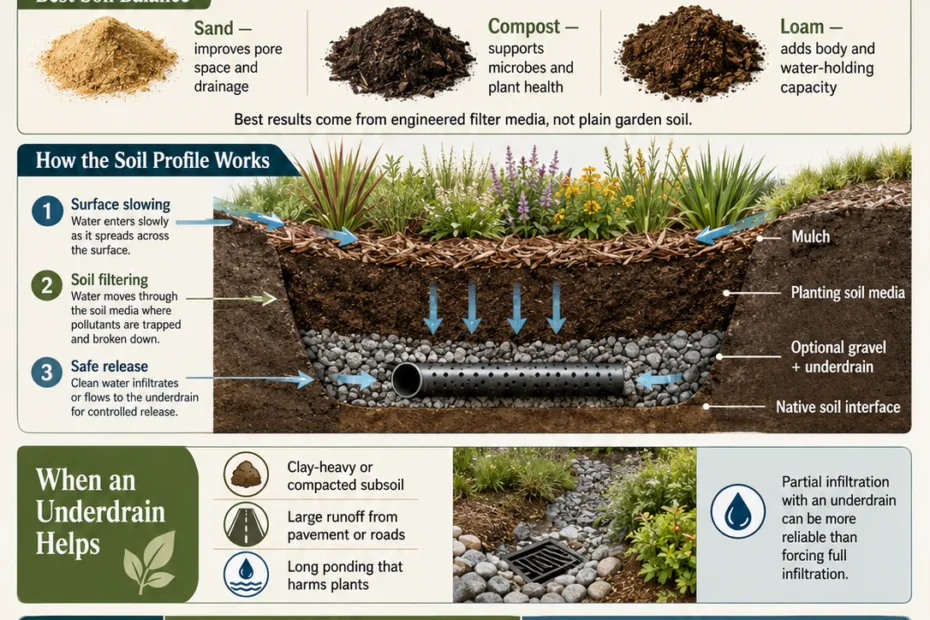 Best soil for bioswales shown with a balanced mix of sand, compost, loam, and proper drainage to optimize water filtration and plant growth.
