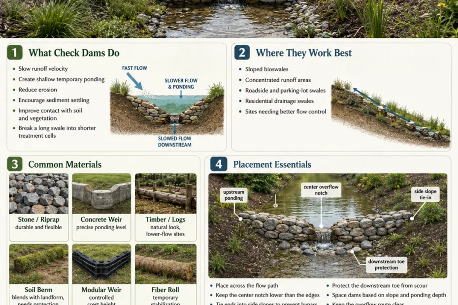Bioswale check dams in action, showcasing their role in water management and erosion control in sustainable landscape design.