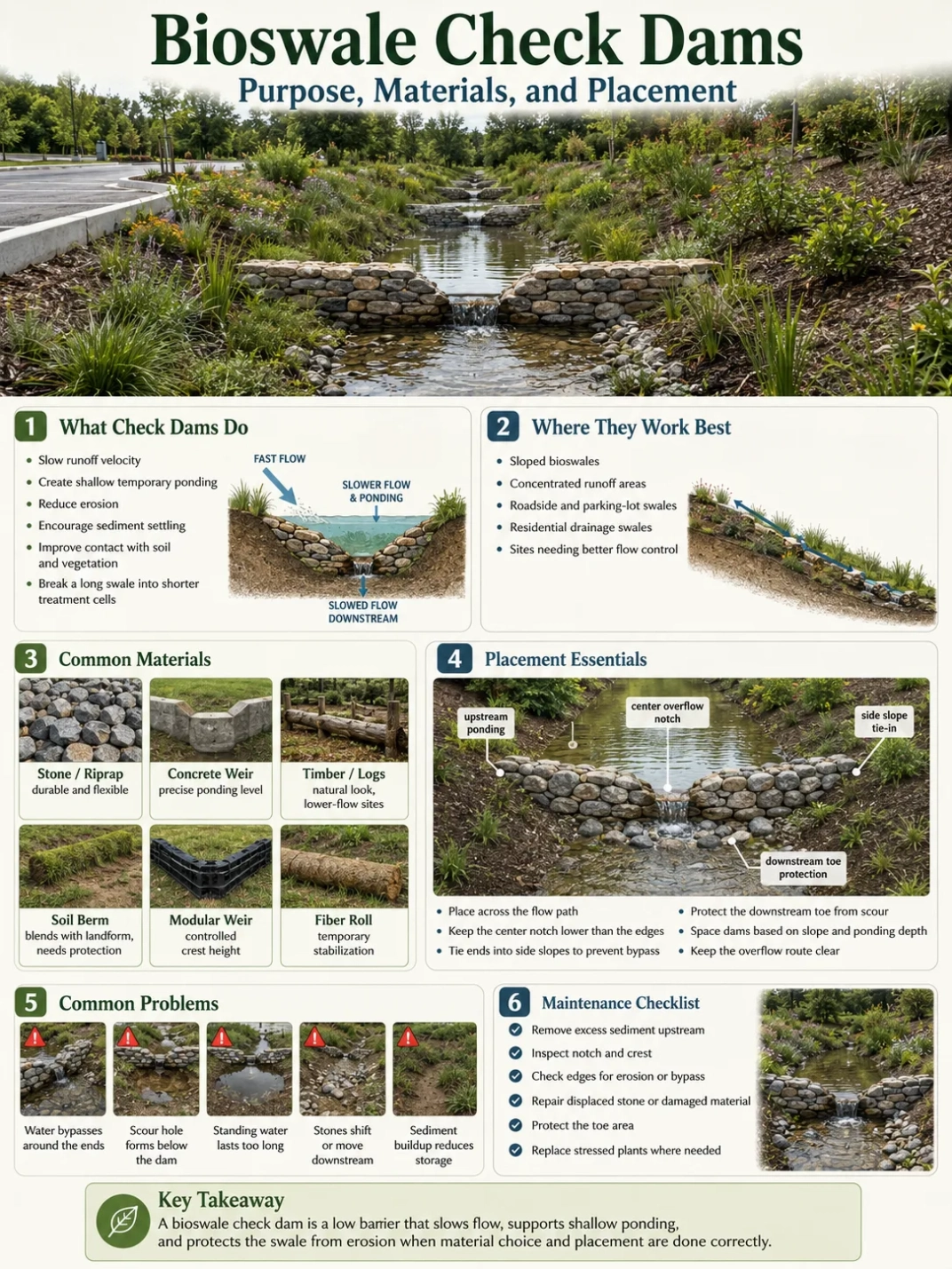 Bioswale check dams in action, showcasing their role in water management and erosion control in sustainable landscape design.
