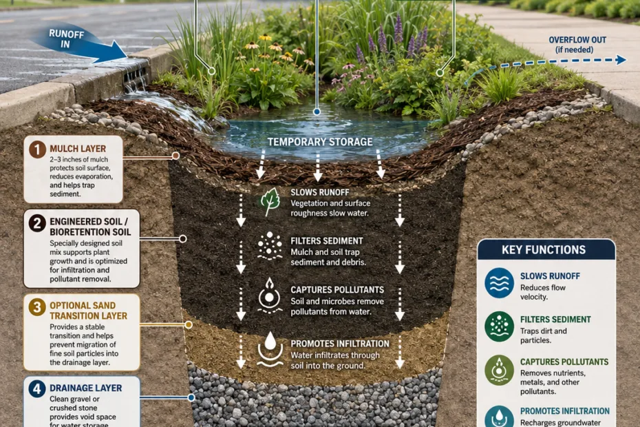 Bioswale cross section shows layers, shape, and function designed to effectively manage stormwater runoff and promote ecological benefits.