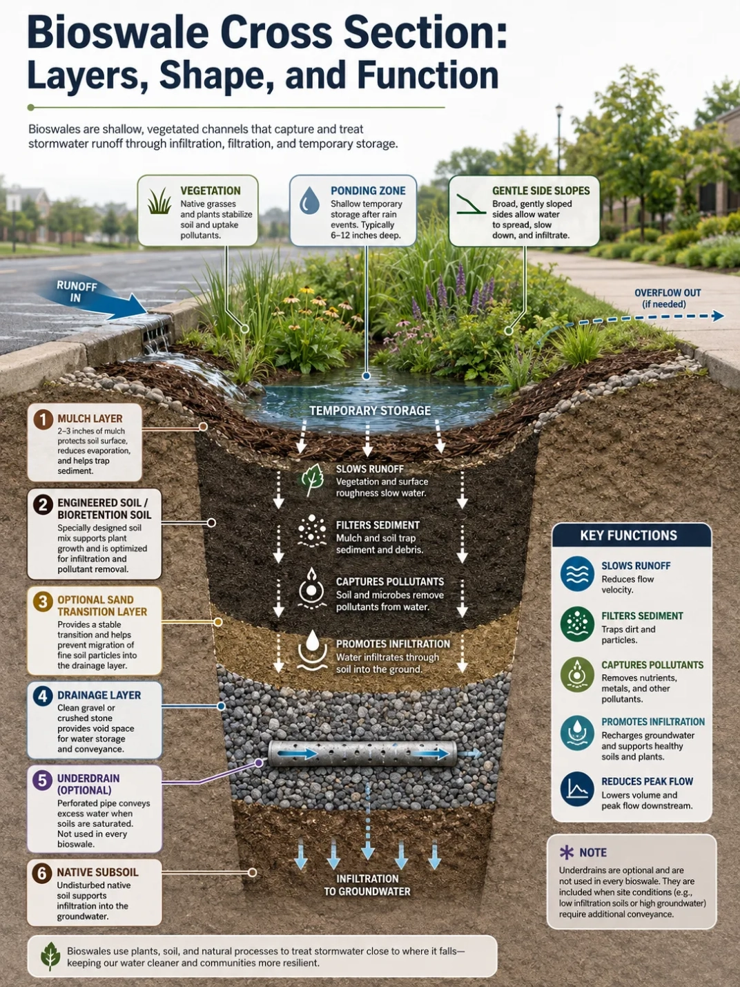 Bioswale cross section shows layers, shape, and function designed to effectively manage stormwater runoff and promote ecological benefits.