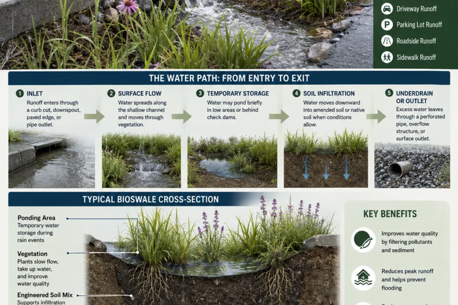 Bioswale drainage effectively channels stormwater through vegetated systems to reduce runoff and improve water quality in urban landscapes.