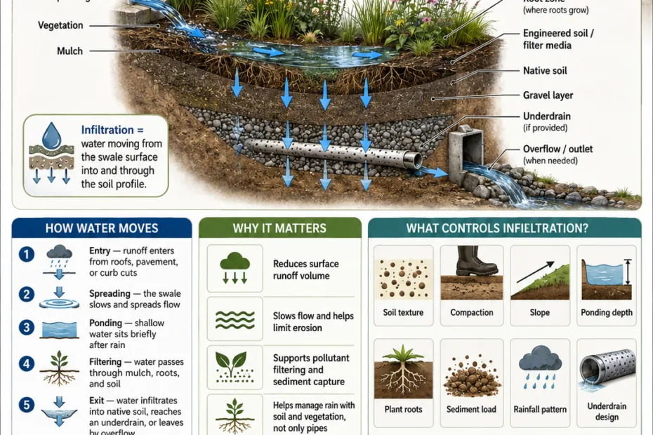 Bioswale infiltration helps manage stormwater runoff naturally, improving water quality and reducing flooding in urban landscapes.