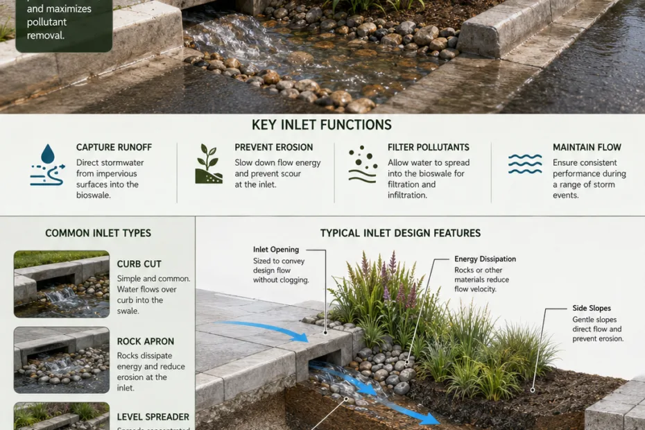Bioswale inlet design shows how runoff enters the system to efficiently filter and manage stormwater runoff.