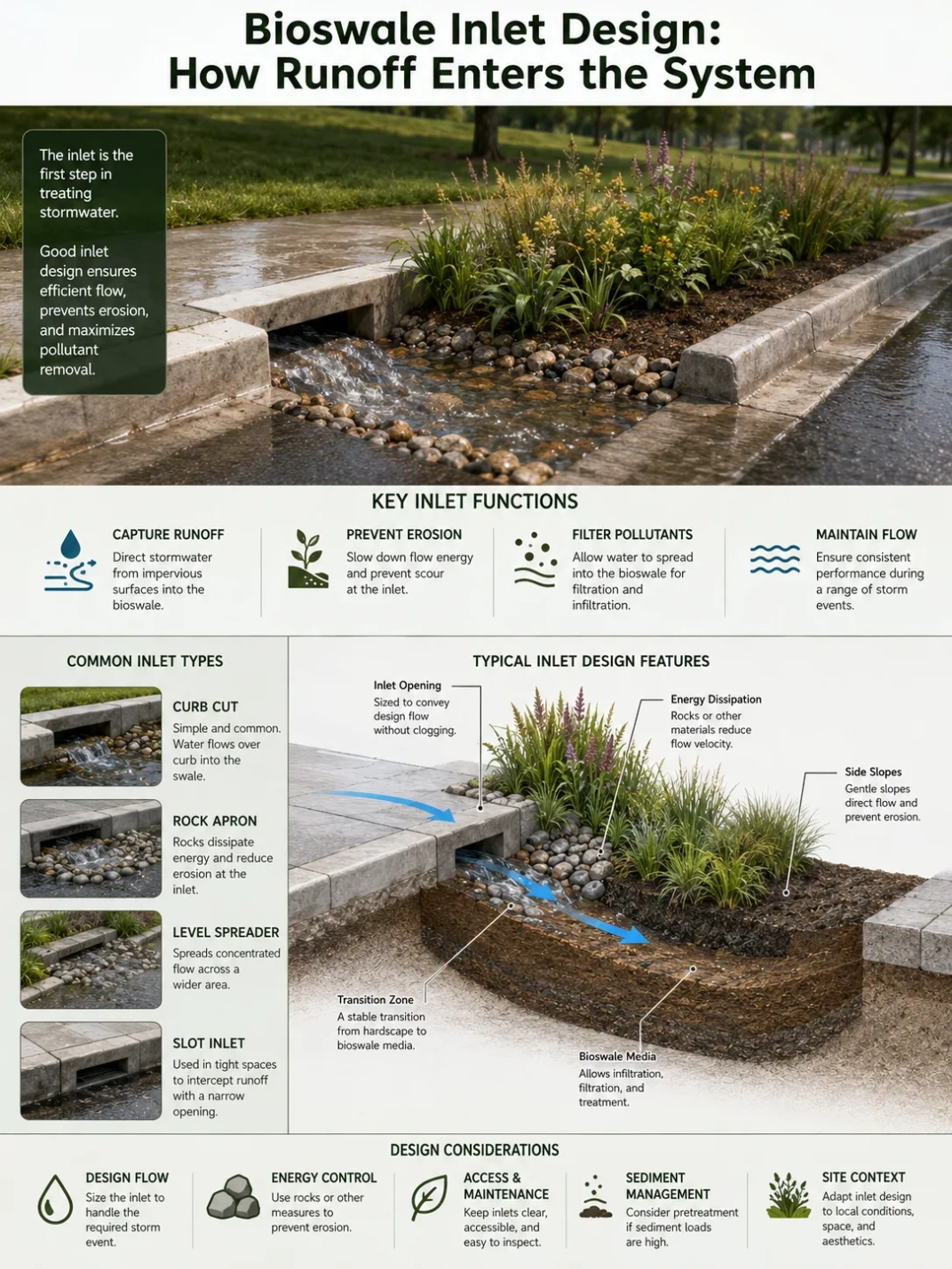 Bioswale inlet design shows how runoff enters the system to efficiently filter and manage stormwater runoff.