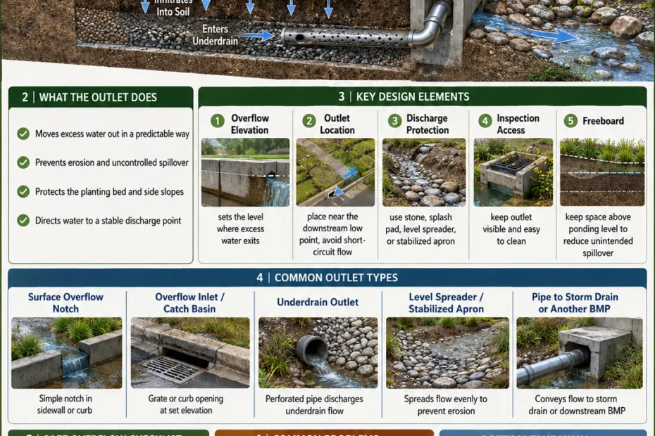 Bioswale outlet design safely manages overflow and discharge to prevent erosion and water damage in sustainable stormwater management systems.