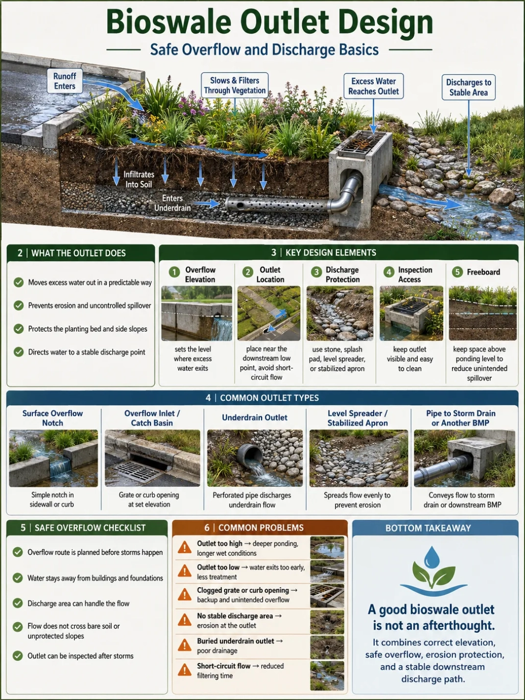 Bioswale outlet design safely manages overflow and discharge to prevent erosion and water damage in sustainable stormwater management systems.
