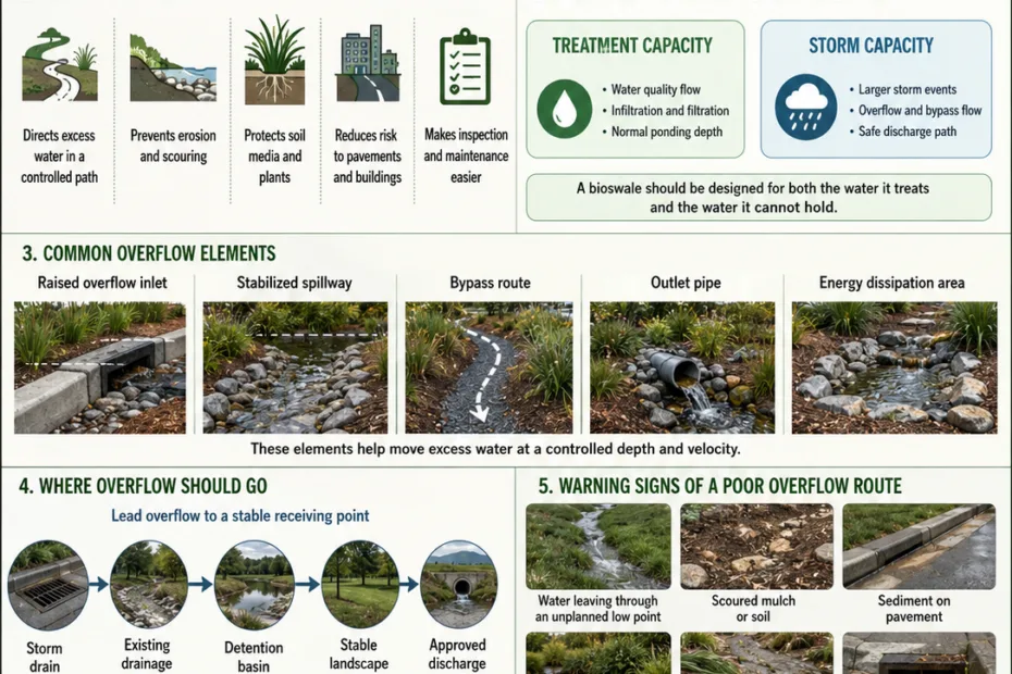 Bioswale overflow route ensures proper water flow during heavy rain to protect landscape and infrastructure.
