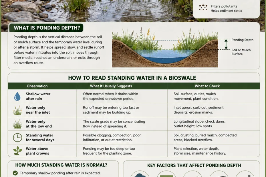 Bioswale ponding depth shows how much standing water is typical in a bioswale designed for stormwater management.