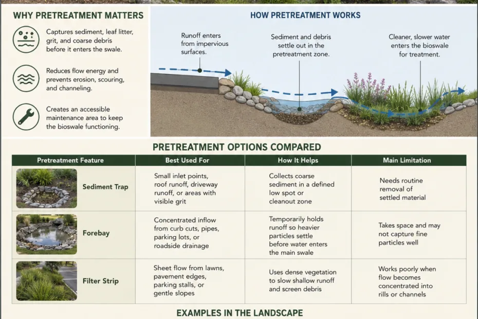 Bioswale pretreatment with sediment traps, forebays, and filter strips to improve stormwater management and reduce pollutants.