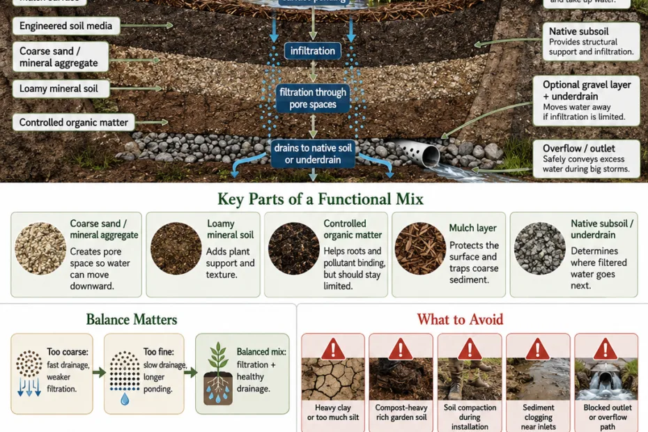 Bioswale soil mix shows how layered materials help water filter and drain efficiently in natural stormwater management systems.