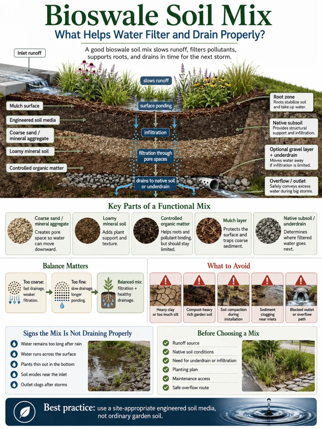Bioswale soil mix shows how layered materials help water filter and drain efficiently in natural stormwater management systems.