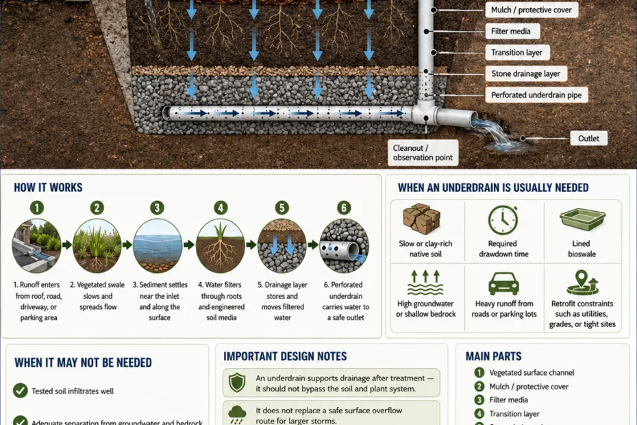 Bioswale underdrain system helps manage stormwater runoff effectively and prevents flooding by directing excess water away from landscaped areas.