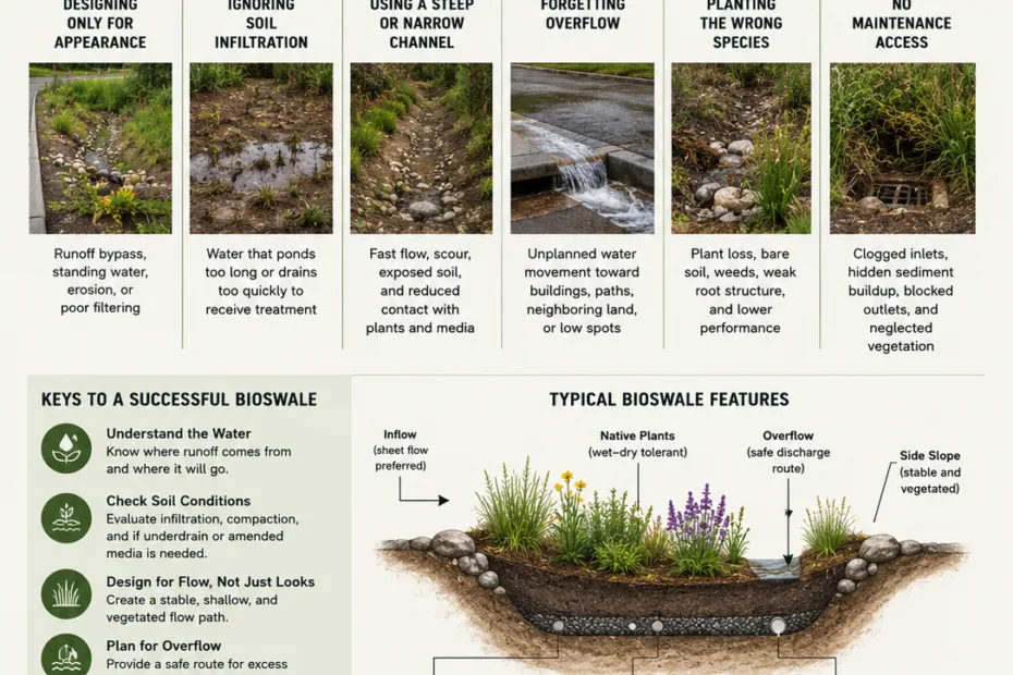 Common bioswale design mistakes to avoid showcase proper construction and plant choices for effective stormwater management.