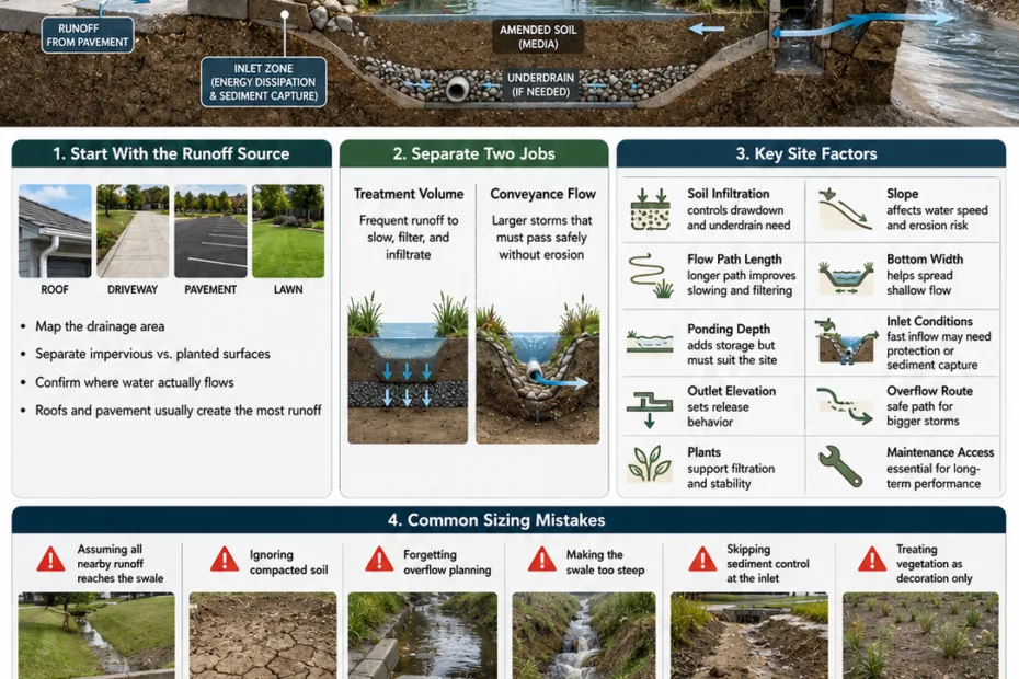 Bioswale design essentials for effective stormwater management and landscaping, showcasing how to size a bioswale for optimal water flow and retention.
