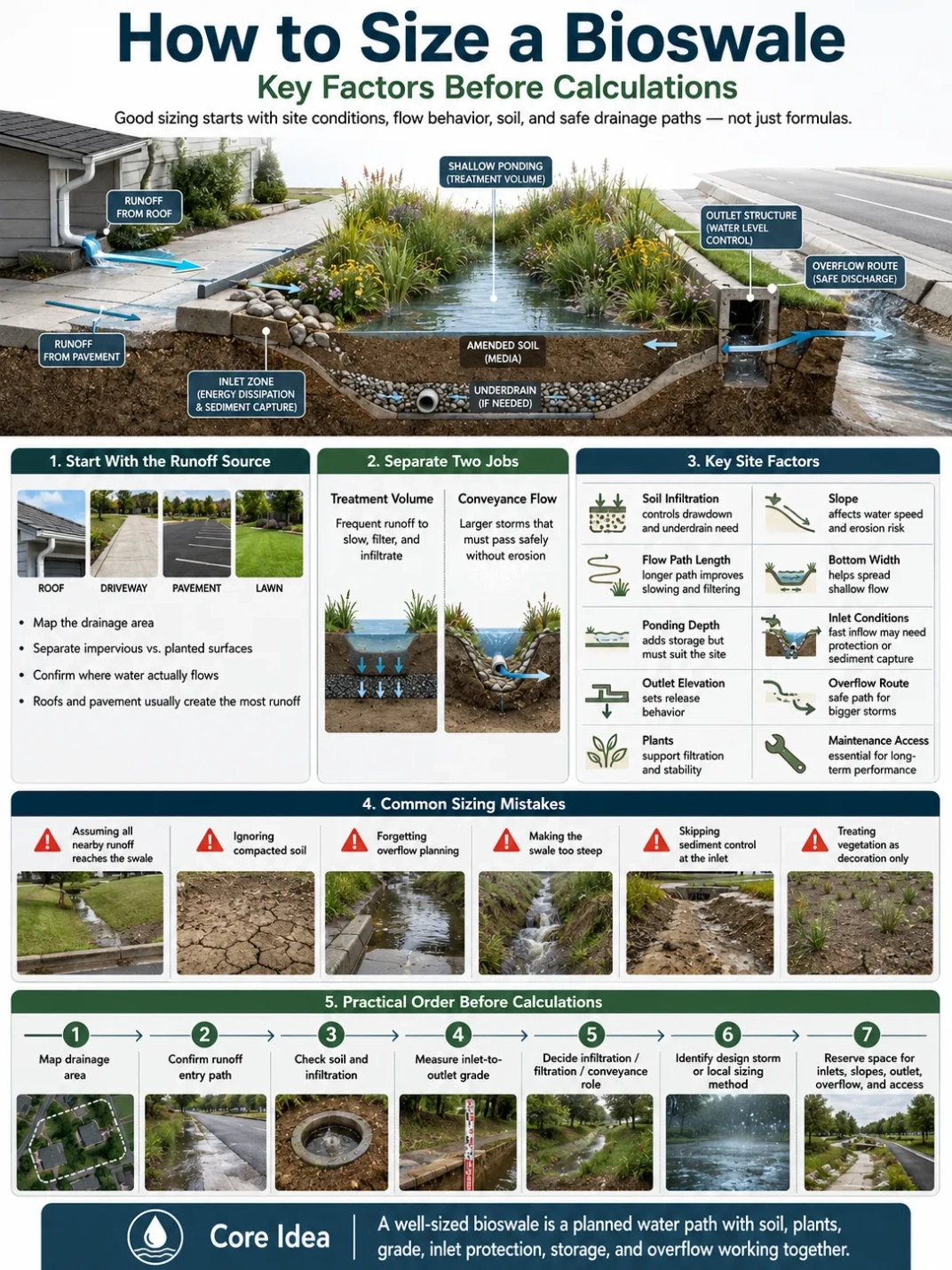 Bioswale design essentials for effective stormwater management and landscaping, showcasing how to size a bioswale for optimal water flow and retention.