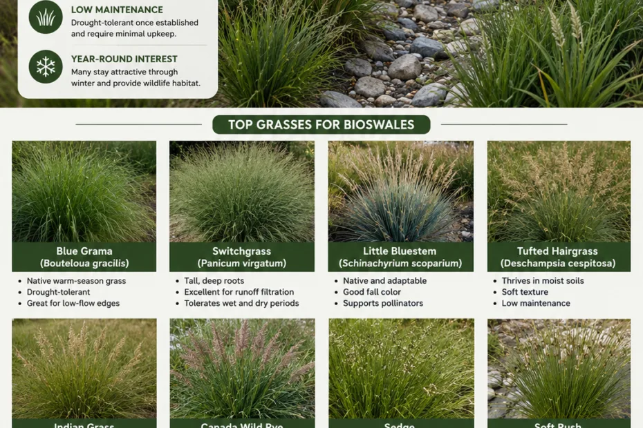 Best grasses for bioswales showing dense, water-tolerant plants that help manage stormwater and prevent erosion.