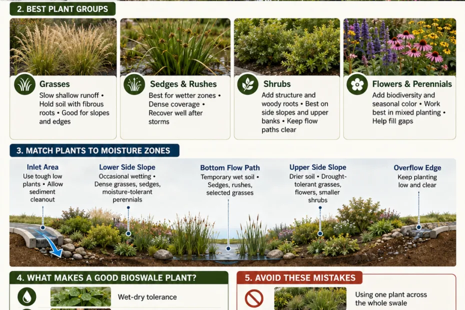 Plants like grasses, sedges, shrubs, and flowers thrive in bioswales, helping manage stormwater and improve landscape health naturally.