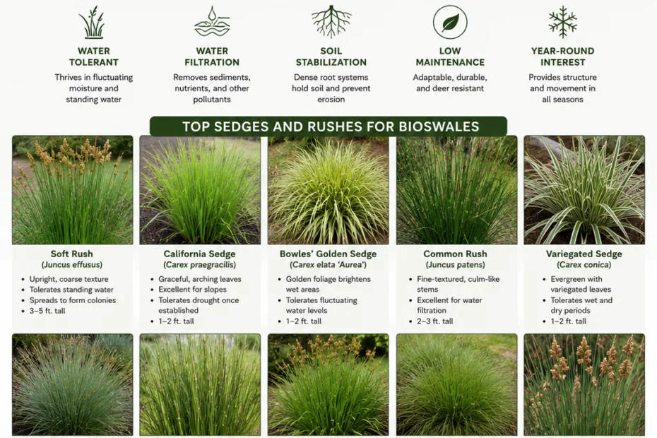 Best sedges and rushes for bioswale planting showcase native plants ideal for sustainable stormwater management.