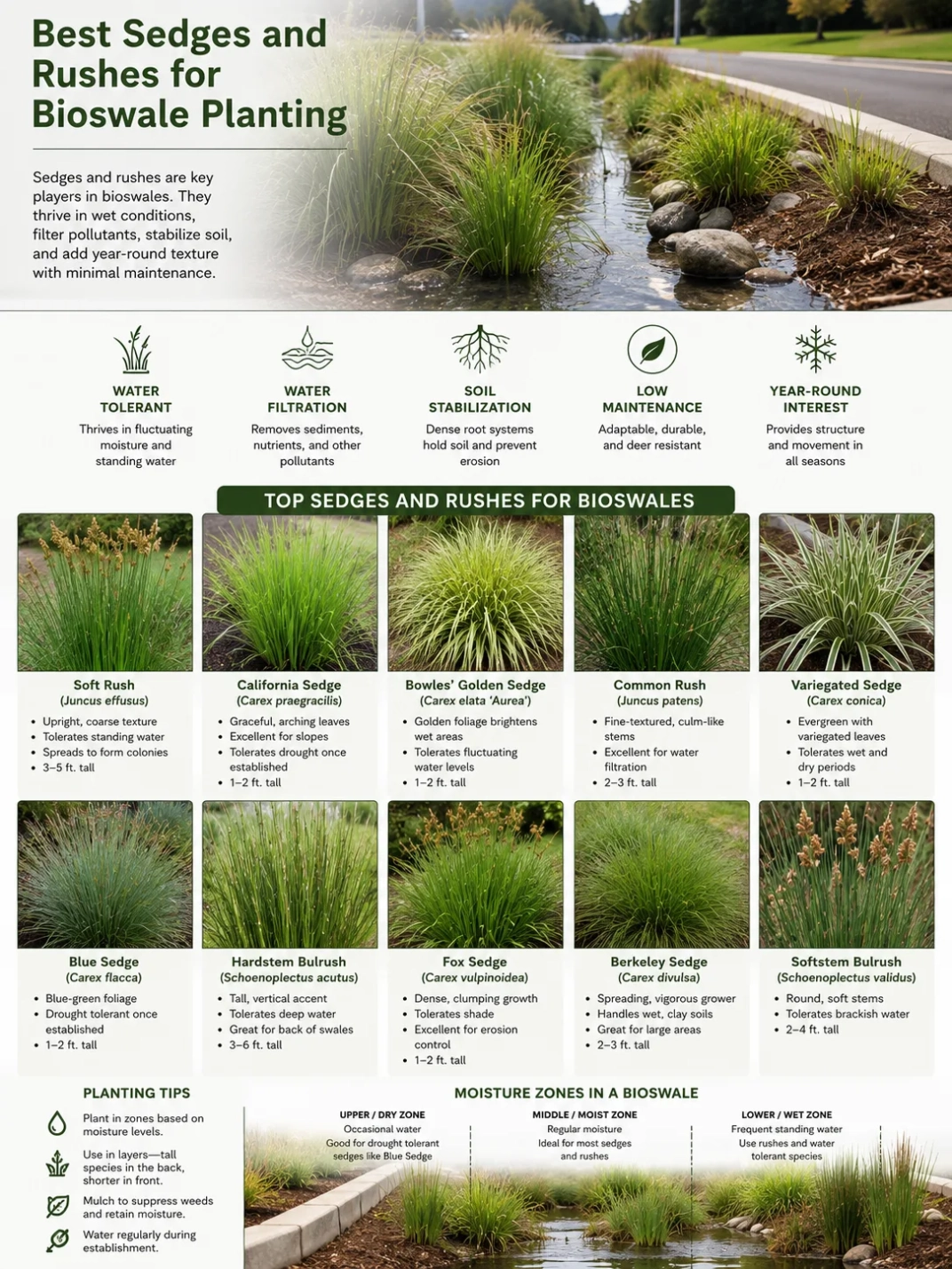 Best sedges and rushes for bioswale planting showcase native plants ideal for sustainable stormwater management.