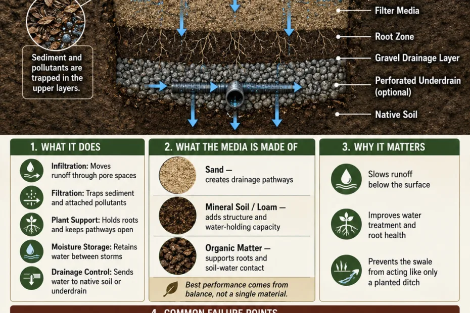 Bioswale filter media helps clean runoff water naturally by filtering pollutants below the surface to prevent pollution and protect soil health.